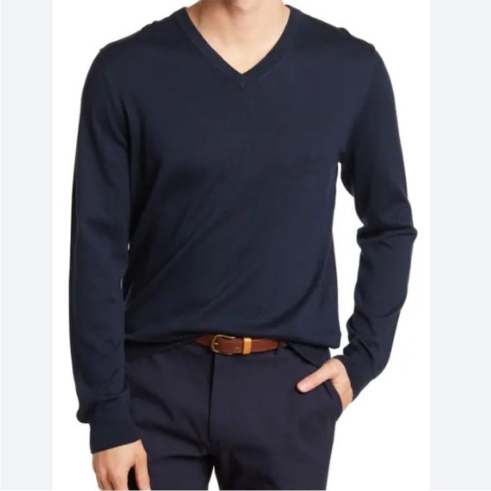 Brooks Brothers Saxxon Wool V-Neck Navy Blue Sweater Men Size M